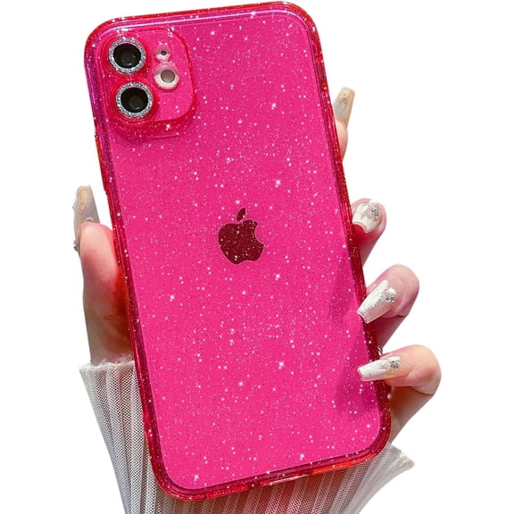 Compatible with iPhone 11 Case, Clear Glitter Neon Soft Silicone Cover with Camera Lens Protector, Cute Sparkly Shockproof Protective Phone Case for Women Girls (Hot Pink)