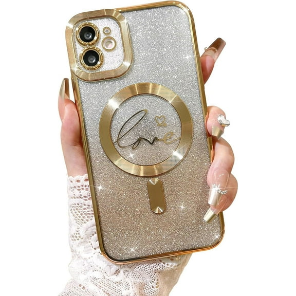 Compatible with iPhone 11 Case,Compatible with MagSafe Love Heart Plating Camera Protection Clear Phone Case,  Glitter for Women Girls Shockproof Back Bumper 6.1"-Gold