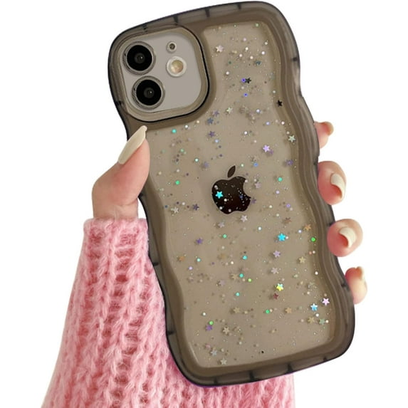 Compatible iPhone 11 Case, Curly Wave Edge, Cute Transparent Bling Glitter Star Design, Soft TPU Shockproof Protective Case for Women and Girls (Black)