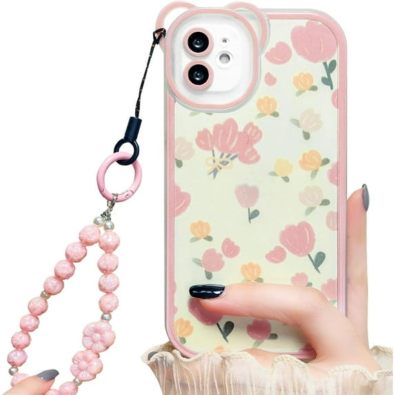 Compatible for iPhone 11 Case Cute Floral Flower for Girls Women Pattern with Bear Ears Soft TPU Shockproof Protective Phone Cover Girly with Chain - Pink Tulip