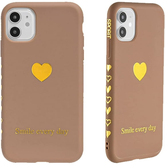 Compatible with iPhone 11 Case, Cute Fun Soft Silicone Gold Heart Pattern Back Cover Case, Fashion Side View Small Pattern Shockproof Case for Women Girls, Case for iPhone 11 6.1 Inch - Brown