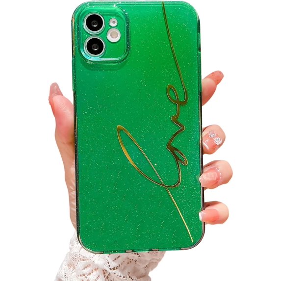 Compatible with iPhone 11 Case Cute, Glitter Bling Plating Letter Love Pattern Phone Case for iPhone 11 6.1'' Camera Protective Back Cover for Women Girl-Green
