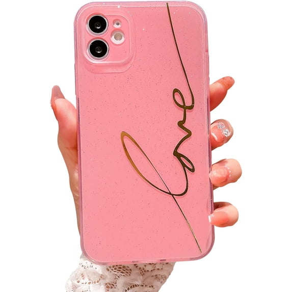 Compatible with iPhone 11 Case Cute, Glitter Bling Plating Letter Love Pattern Phone Case for iPhone 11 6.1'' Camera Protective Back Cover for Women Girl-Pink