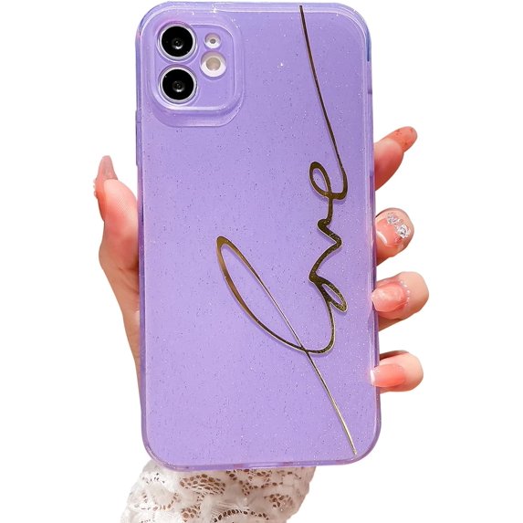 Compatible with iPhone 11 Case Cute, Glitter Bling Plating Letter Love Pattern Phone Case for iPhone 11 6.1'' Camera Protective Back Cover for Women Girl-Purple