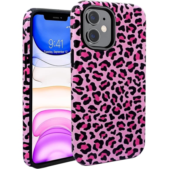 Compatible for iPhone 11 Case Cute Leopard Durable Shockproof Drop Impact Dual Layer Phone Case Animal Design for iPhone 11 6.1" Cheetah (Hot Pink, for iPhone 11 6.1")
