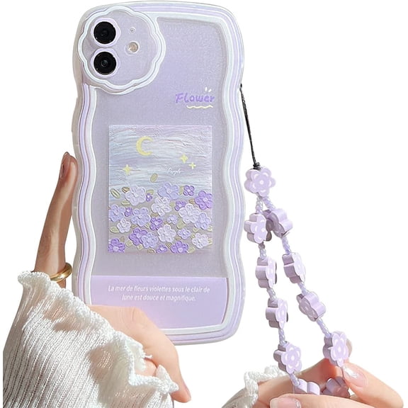 Compatible with iPhone 11 Case with Cute Purple Flower Floral Pattern Design Aesthetic Women Teen Girls Flower Lens Protection Case for iPhone 11 +Chain-Flower