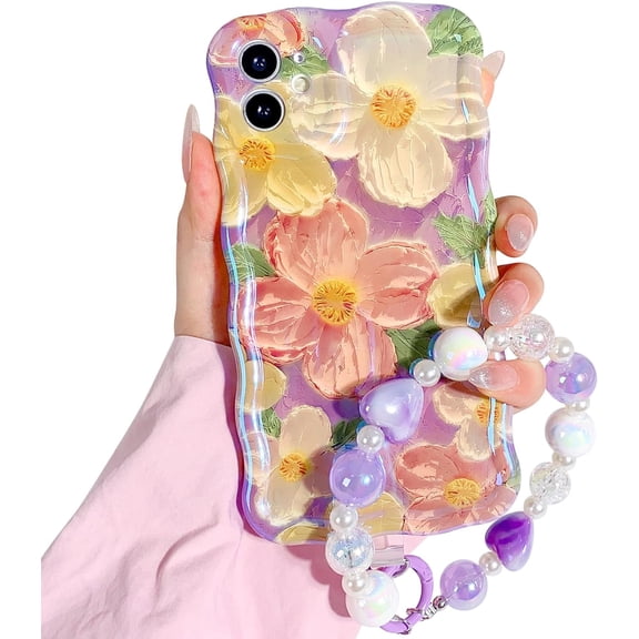 Compatible for iPhone 11 Case Cute Purple Oil Flowers Floral Bracelet Cover with Lovely Flower Lanyard Wrist Strap for Women Girls, Soft TPU Cover for iPhone 11 - Purple Oil Flowers