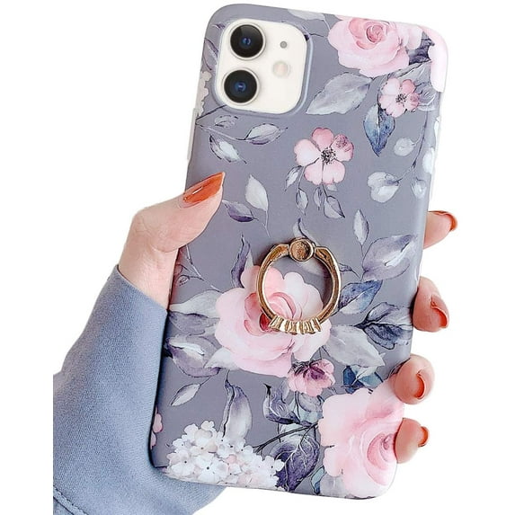 Compatible with iPhone 11 Case,Floral Case Cute Clear for Men Women Girls with 360 Degree Rotating Ring Kickstand Soft TPU Shockproof Cover Design for iPhone 11 6.1 Inch Grey Red Flower