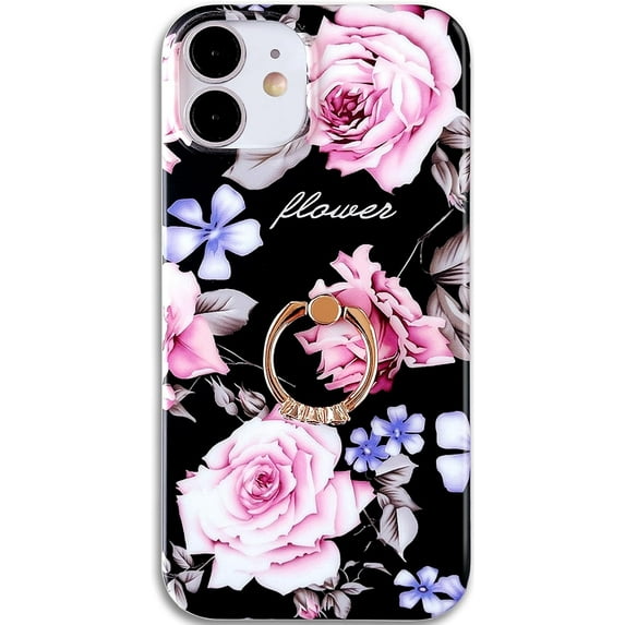 Compatible with iPhone 11 Case,Floral Case Cute Clear for Men Women Girls with 360 Degree Rotating Ring Kickstand Soft TPU Shockproof Cover Designed for iPhone 11 6.1 Inch Black Rose Flower