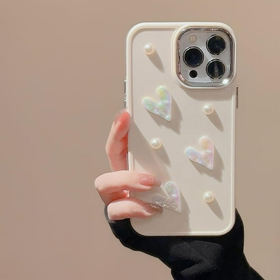 Compatible with iPhone 11 Case for Girls Women,Cute 3D Love Heart Pearl Design Protection Case Fashion Slim Soft TPU Shockproof Protective Cover for iPhone 11-Creamy White