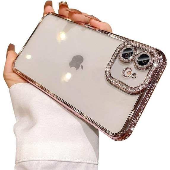 Compatible for iPhone 11 Case with Glitter Diamond Camera Protector,Bling Clear Crystal Cute Phone Case Shockproof Sparkle Len for iPhone 11(6.1'')-Pink