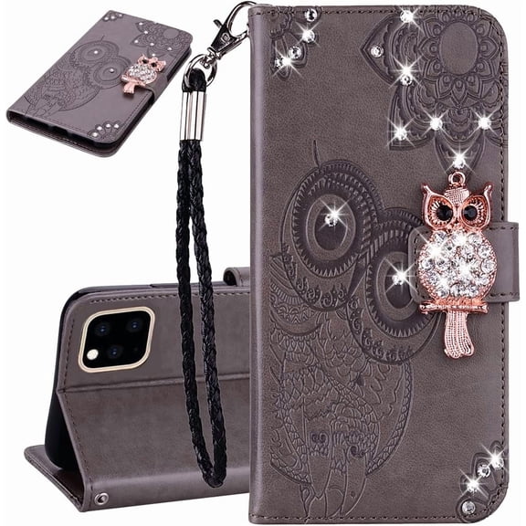 Compatible with iPhone 11 Case Glitter Stylish Crystal Owl with Wrist Strap Kickstand Magnetic Leather Wallet for Women Flip Phone Case for iPhone 11 6.1 inch Grey YK
