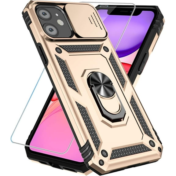 Compatible with iPhone 11 Case with HD Screen Protector & Slide Camera Cover & Rotated Ring Kickstand, [Military-Grade] Phone Case for iPhone 11 (Gold)