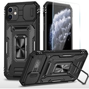 Compatible with iPhone 11 Case with HD Screen Protector & Slide Camera Cover & Rotated Ring Kickstand, [Military-Grade] Phone Case for iPhone 11 Z_Black
