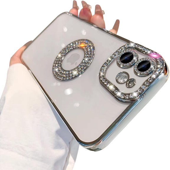 Compatible for iPhone 11 Case with Luxury Clear Plating Logo View Glitter Cute Diamond Sparkly Design Aesthetic Women Teen Girls Phone Cases Bling Camera Protective Cover-Silver