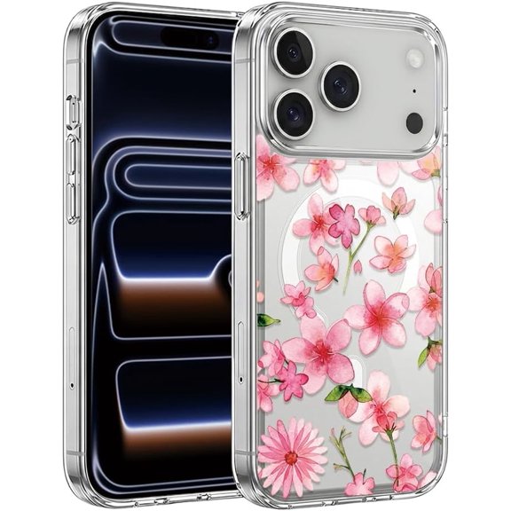 Compatible with iPhone 11 Case Magnetic Clear Aesthetic Floral Phone Case Slim Thin Soft Protective Cover Pink Cherry Blossom Watercolor Flower Sweet Botanical Graphic Shell for Women Girls