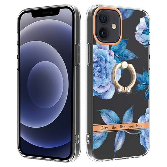 Compatible for iPhone 11 Case with Ring Kickstand Holder Clear Floral Pattern Hybrid PC TPU Shockproof Protective Phone Case Cover for iPhone 11 Women Girls, Blue Flower