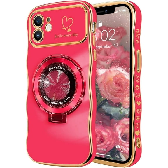 Compatible with iPhone 11 Case  Ring Stand [Compatible with MagSafe] Cute for Women Girl Plating Wave Curly Love Heart Camera Protection Girly Luxury Phone Cover - Rose Red