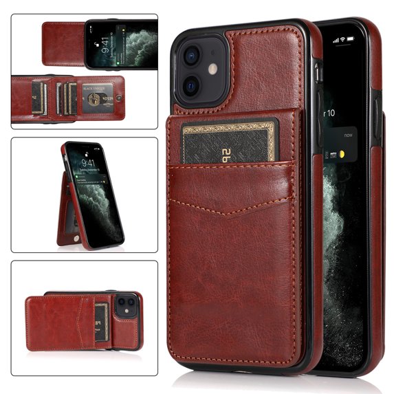 Compatible with iPhone 11 Case Wallet with Credit Card Holder, Premium PU Leather Magnetic Clasp Kickstand Heavy Duty Protective Shock Absorbing Phone Cover for iPhone 11, Brown