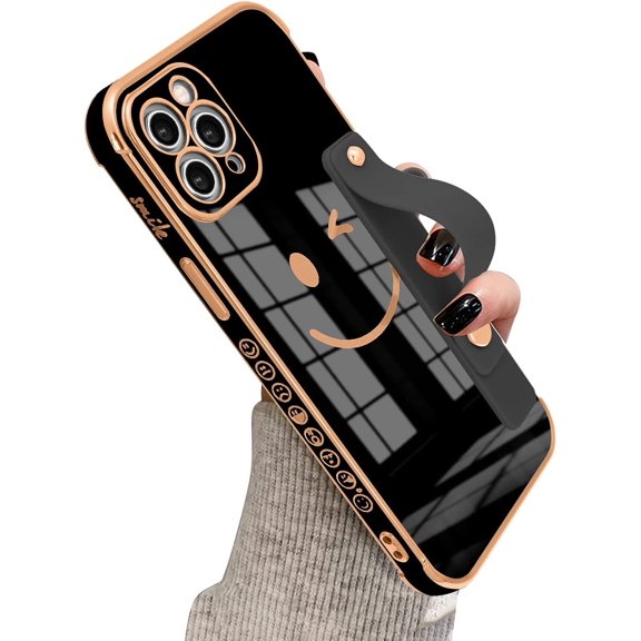 Compatible with iPhone 11 Case for Women Girls,TPU Cute Plating Smiley Face Pattern Wristband Holder Case Camera Lens Protection Side Small Pattern Shockproof Wrist Strap Case-Black