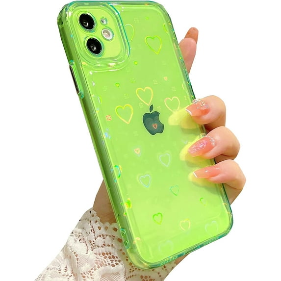 Compatible for iPhone 11 Clear Case, Cute Glitter Heart Rainbow Laser Holographic Bling Pattern Case for Women Girls Soft TPU Shockproof Camera Protective - Fluorescent Green