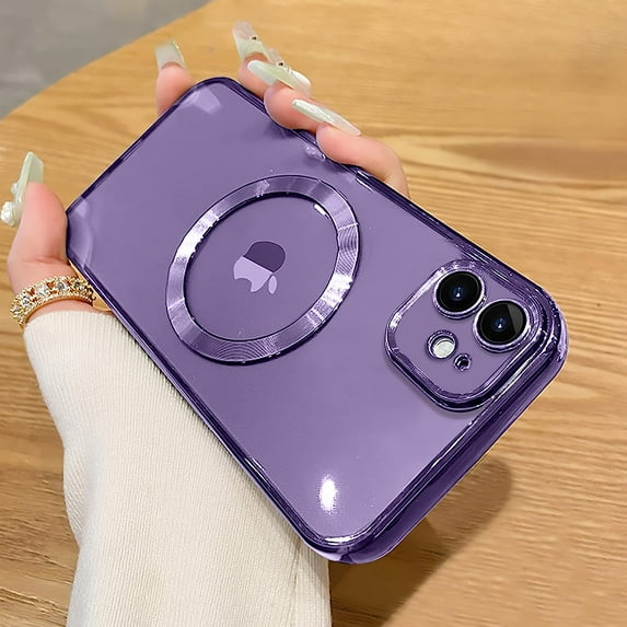 Compatible with iPhone 11 Magnetic Clear Case,Luxury Plating Bling Transparent Shockproof MagSafe Case with Full Camera Lens Protector for iPhone 11 Women Girl Men-Elegant Purple