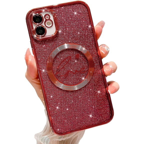 Compatible with iPhone 11 Magnetic Glitter Case-6.1 Inch, Luxury Love Heart Pattern Plating Clear Case, Compatible with MagSafe for Women Girls Shockproof Back Cover-Red