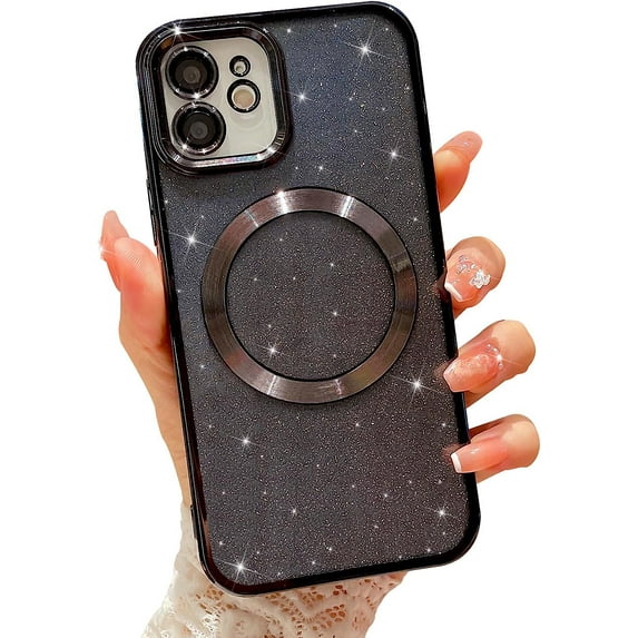 Compatible with iPhone 11 Magnetic Glitter Case, Luxury Plating Cute Bling Clear Phone Case, Compatible with MagSafe for Women Girls with Camera Protector Back Cover - Black