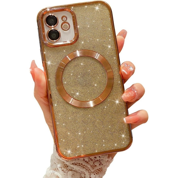 Compatible with iPhone 11 Magnetic Glitter Case, Luxury Plating Cute Bling Clear Phone Case, Compatible with MagSafe for Women Girls with Camera Protector Back Cover - Gold