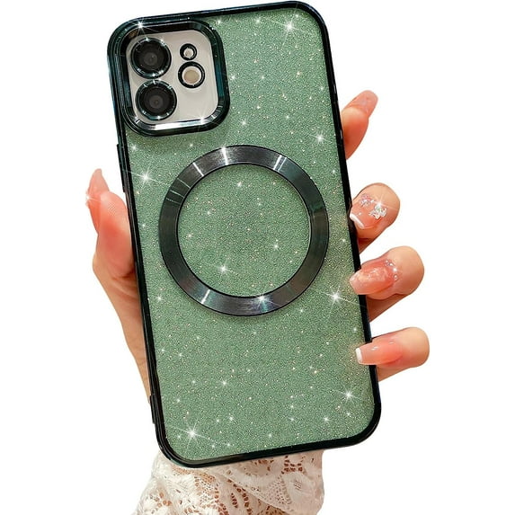 Compatible with iPhone 11 Magnetic Glitter Case, Luxury Plating Cute Bling Clear Phone Case, Compatible with MagSafe for Women Girls with Camera Protector Back Cover - Green
