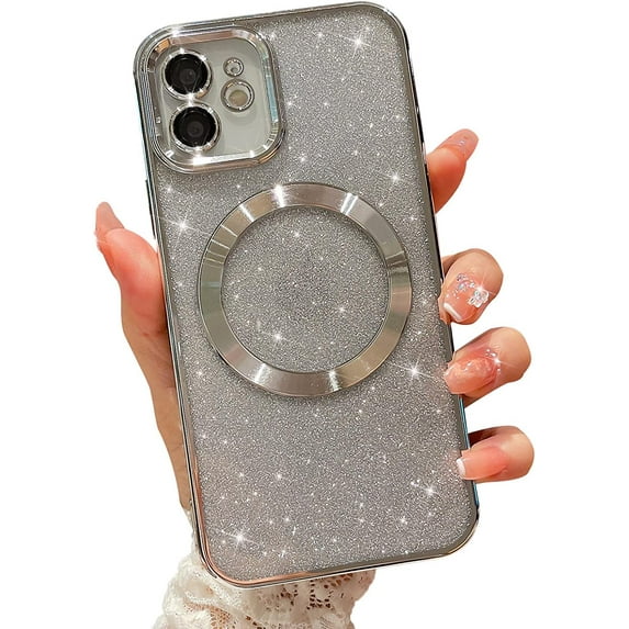 Compatible with iPhone 11 Magnetic Glitter Case, Luxury Plating Cute Bling Clear Phone Case, Compatible with MagSafe for Women Girls with Camera Protector Back Cover - Silver