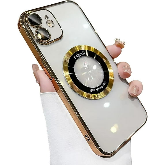 Compatible with iPhone 11 Magnetic Transparent Case,Luxury Plating Bling Clear Shockproof MagSafe Case with Full Camera Len Protector for iPhone 11 Women Girl Men-Elegant Golden