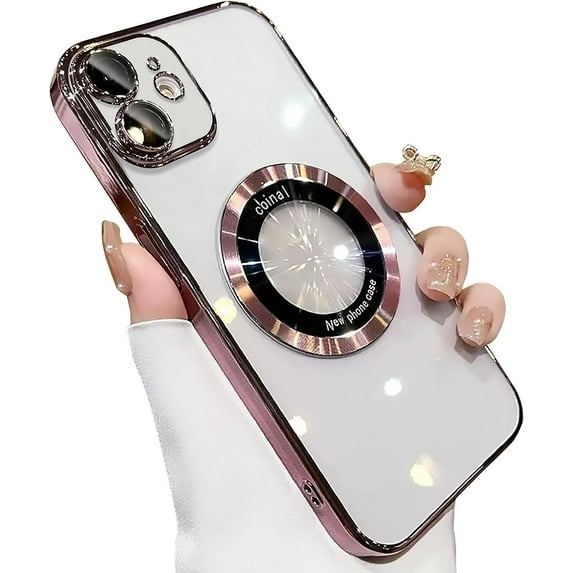 Compatible with iPhone 11 Magnetic Transparent Case,Luxury Plating Bling Clear Shockproof MagSafe Case with Full Camera Len Protector for iPhone 11 Women Girl Men-Elegant Pink