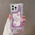 thumbnail image 1 of Compatible with iPhone 11 Phone Case,3-in-1 Design,With Cute Beads Wrist Strap,Luxury Bling Glitter Bavck,Resin Butterflies,For Women Girls,Shockproof Transparent Phone Case,Purple, 1 of 11