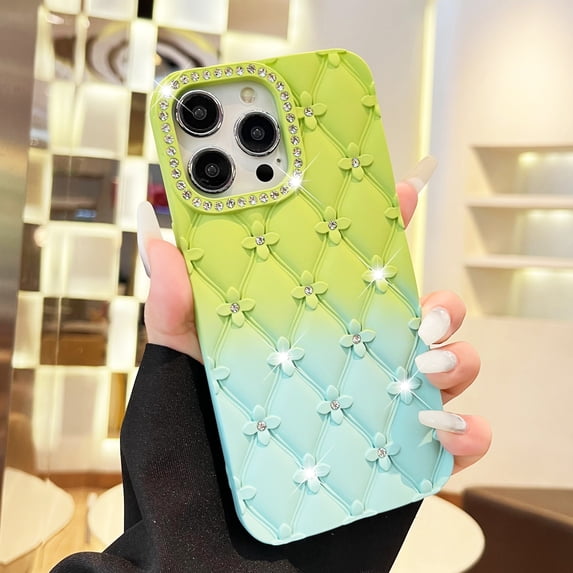 Compatible for iPhone 11 Phone Case, Gradient Color Case, Fashion Diamond 3D Flower Design Hard Protective Cover Diamond Lens Circle Shockproof Case for iPhone 11, Green/Blue