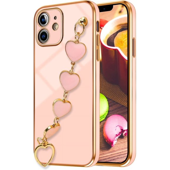 Compatible with iPhone 11 Plating Case Cute Bling Candy Color Gold Edge with Heart Wrist Hand Strap Chain for Women Girls Slim Glossy Soft Bumper Protective Cover Case Rose Gold,QL3007-i11-1