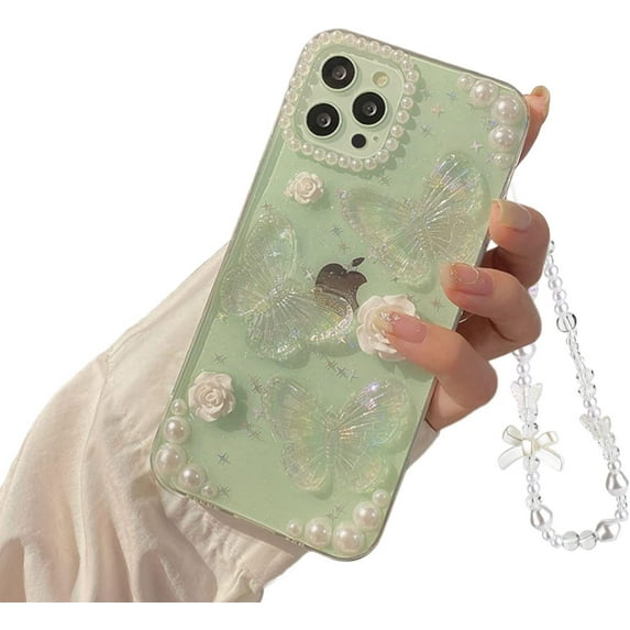 Compatible with iPhone 11 Pro 3D Butterfly Floral Clear with Design Aesthetic Women Teen Girls Glitter Pretty Crystal Sparkle Sparkly Cute Girly Phone Cases Protective Cover+Chain-Clear