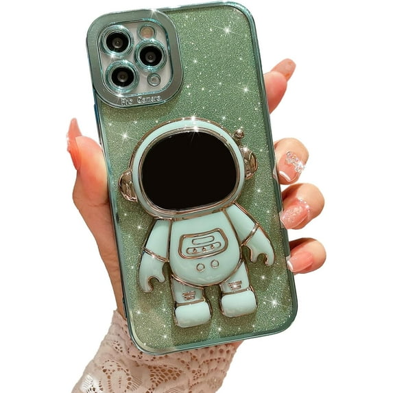 Compatible for iPhone 11 Pro 5.8 Inch Bling Plating Astronaut Hidden Stand Case, Cute 6D Stand Glitter Phone Case for Women Girls Soft TPU Shockproof Back Cover - Green