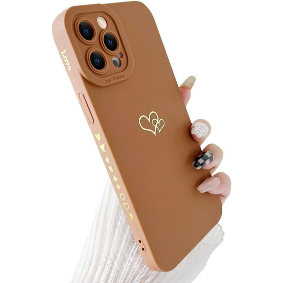 Compatible with iPhone 11 Pro Case (5.8" 2019), Plated Luxury Heart Phone Case Cute Side Pattern Soft TPU Shockproof Full Camera Lens Protective Phone Cases for Women Girls - Brown