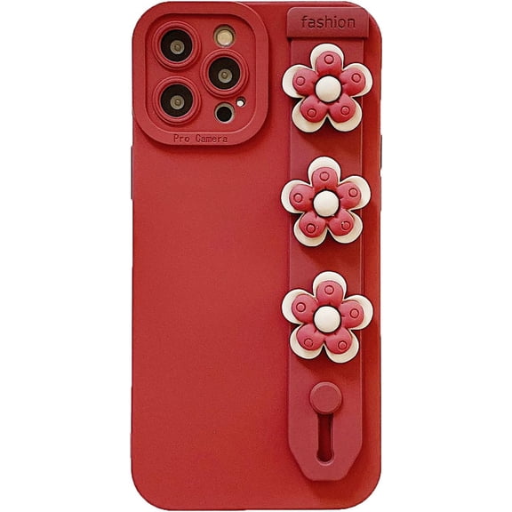 Compatible with iPhone 11 Pro Case, Cute 3D Flowers Floral for Girls Women Shockproof Soft Silicone Lens Protection Case with Wristband Stand for iPhone Pro Max, Red Flowers