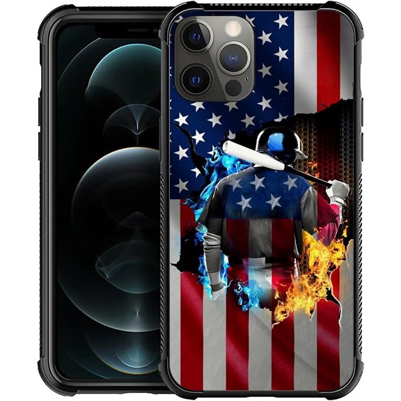 Compatible with iPhone 11 Pro Case,Design Pattern Back Bumper Anti Scratch Reinforced Corners Soft TPU Caver, Cases for Men Women-Ice and Fire Baseball American Flag