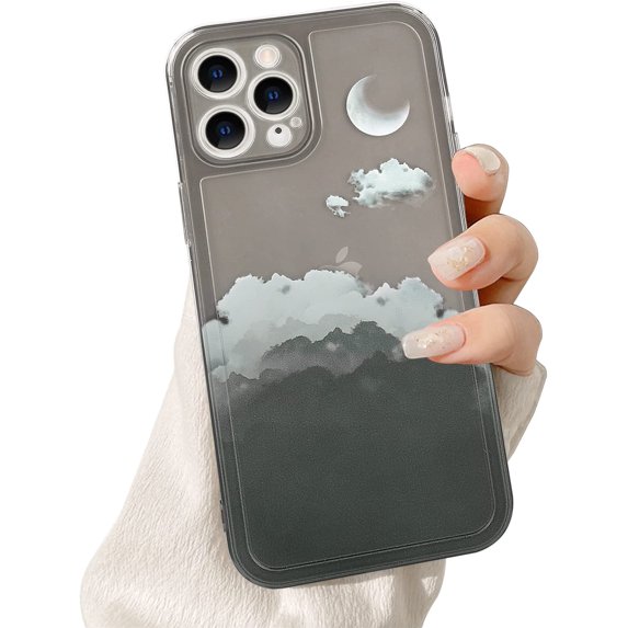 Compatible with iPhone 11 Pro Case Thin for Women Girls,Crescent Moon with Clouds Pattern Soft Flexible TPU Clear Case Slim Anti-Scratch Shockproof Cute Case for iPhone 11 Pro