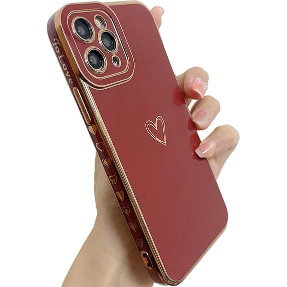 Compatible with iPhone 11 Pro Case for Women Girl, with Luxury Plating Full Camera Lens Protection,Cute Love Heart Plating Edge Soft TPU Case Cover for iPhone 11 Pro 5.8 Inch (Red Wine)