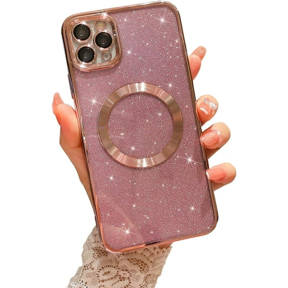 Compatible with iPhone 11 Pro Magnetic Glitter Case, Luxury Plating Cute Bling Clear Phone Case, Compatible with MagSafe for Women Girls with Camera Protector Back Cover - Pink