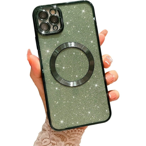 Compatible with iPhone 11 Pro Magnetic Glitter Case, Luxury Plating Cute Bling Clear Phone Case, Compatible with MagSafe for Women Girls with Camera Protector Back Cover - Green
