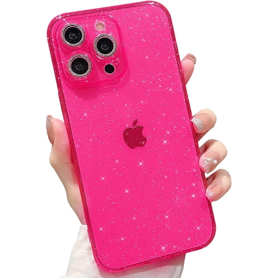 Compatible with iPhone 11 Pro Max Case 6.5 inch, Cute Neon Bright Color with Bling Glitter Diamond Camera Protector, Clear Crystal Phone Case Shockproof Sparkle Len for Women Girls-Hot Pink