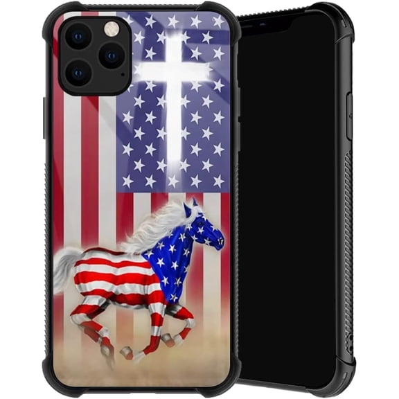 Compatible with iPhone 11 Pro Max Case, America Flag Stallion Cross Phone Cover for Men, Soft TPU Anti-Skid Thread and Four Corner Anti-Collision Protection Case Compatible with iPhone 11 Pro Max