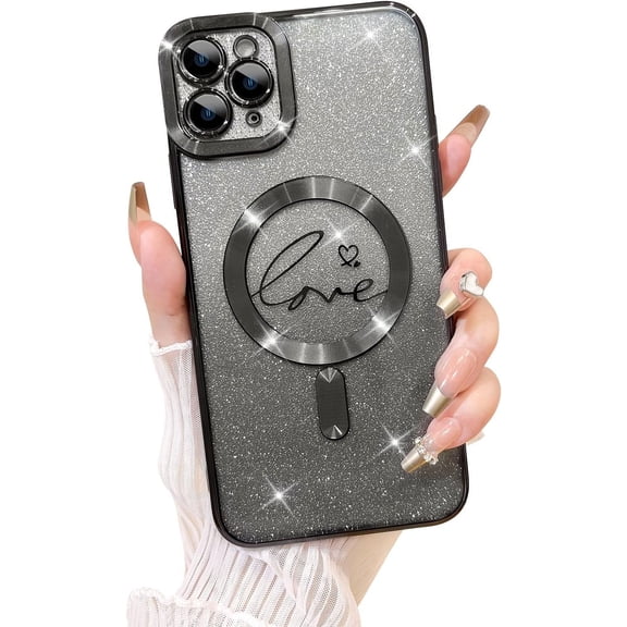 Compatible with iPhone 11 Pro Max Case,Compatible with MagSafe Love Heart Plating Camera Protection Clear Phone Case,  Glitter for Women Girls Shockproof Back Bumper 6.5"-Black