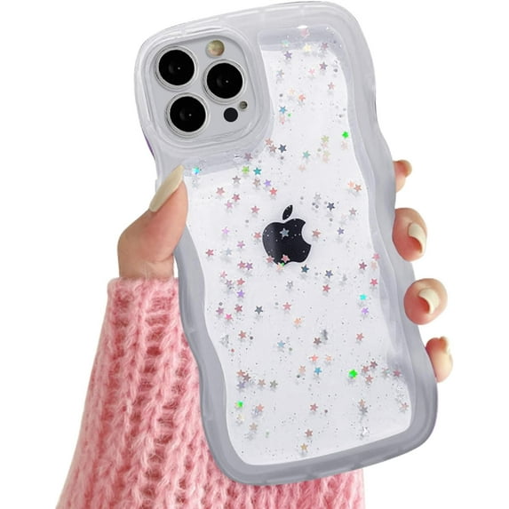 Compatible iPhone 11 Pro Max Case, Curly Wave Edge, Cute Transparent Bling Glitter Star Design, Soft TPU Shockproof Protective Case for Women and Girls (Clear)