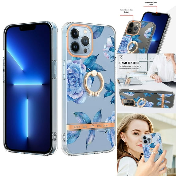 Compatible for iPhone 11 Pro Max Case with Ring Kickstand Holder Clear Floral Pattern Hybrid PC TPU Shockproof Protective Phone Case Cover for iPhone 11 Pro Max Women Girls, Blue Flower